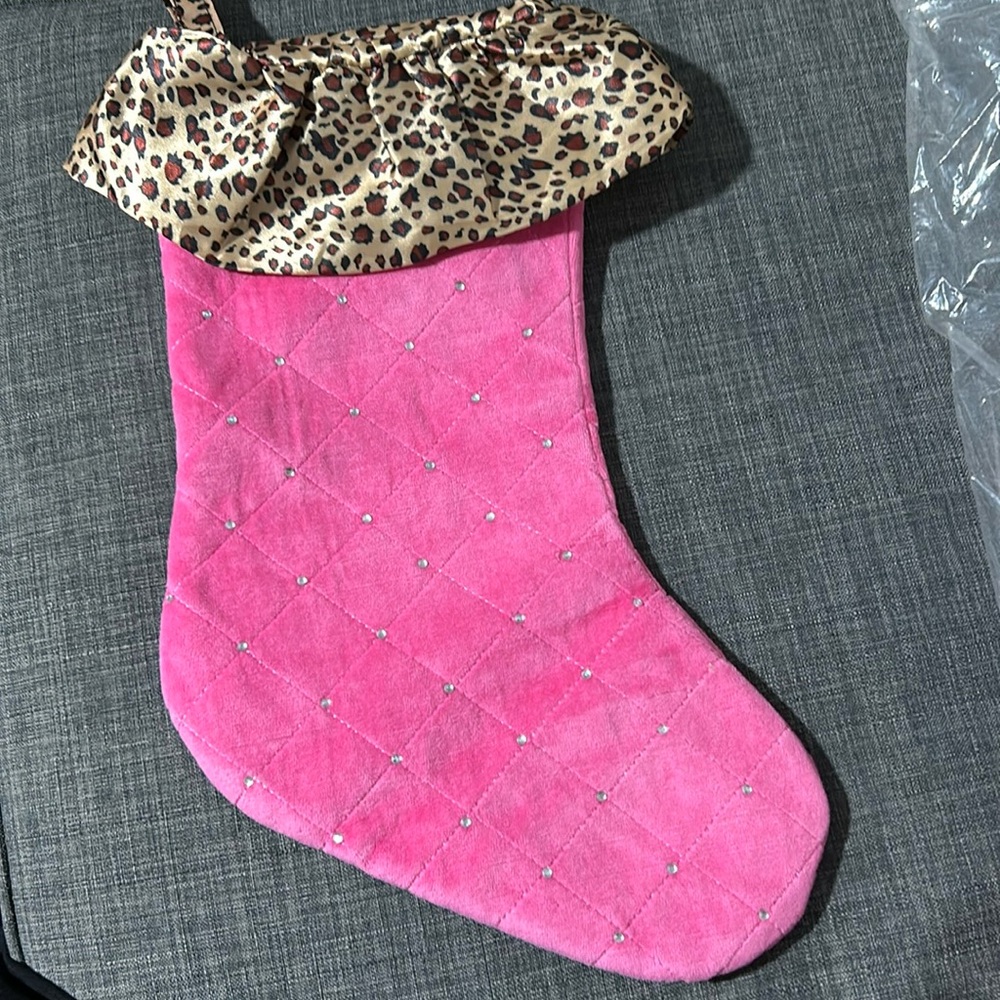 Quacker Factory Christmas stockings with animal print hem and rhinestones